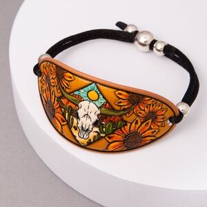 Floral Steer Head Tooled Leather Slider Bracelet